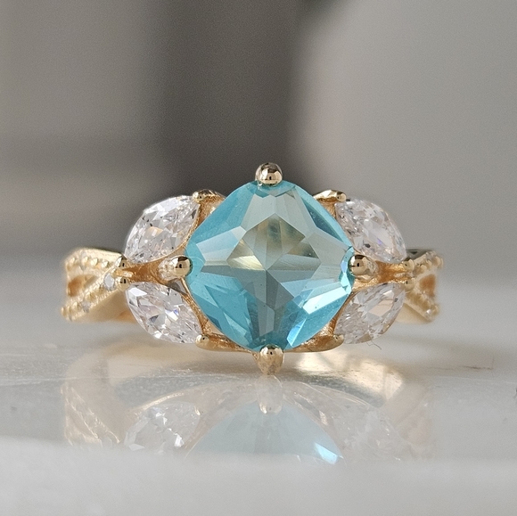 Blue and Teal Aquamarine Cushion Square ring, 925 Sterling Silver Charmed Aroma - Picture 3 of 7